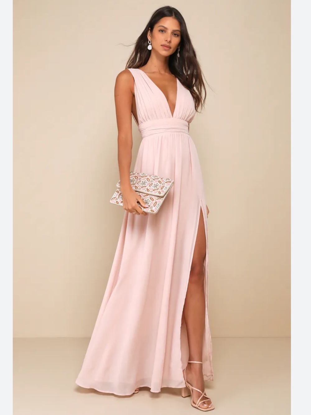 Lulu's Soft Pink Plunging Maxi Dress with Side Slit